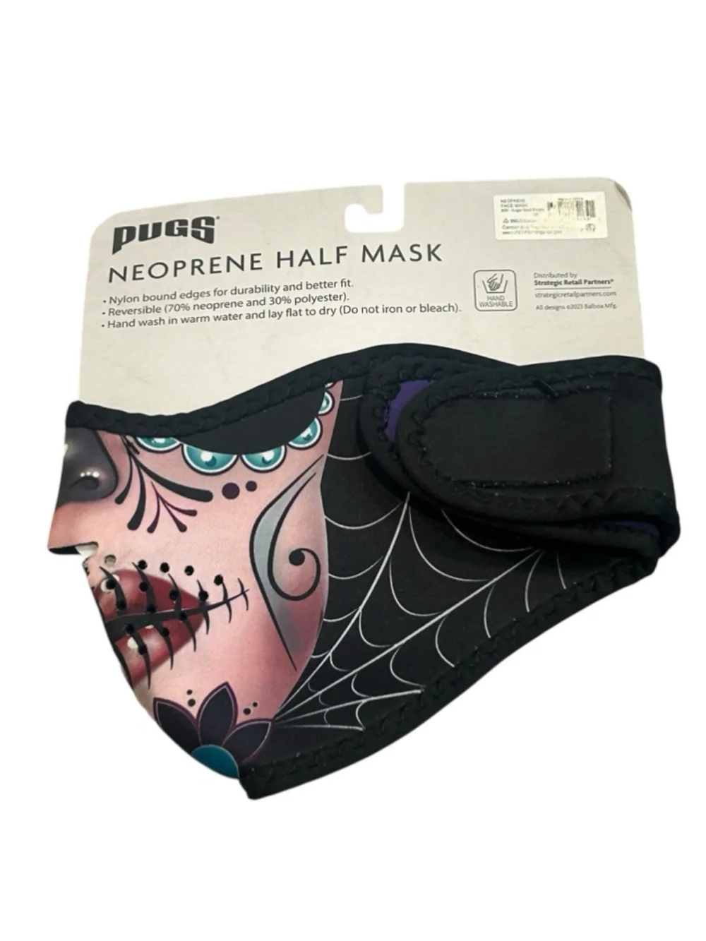 Pugs Half Mask Neoprene Black Sugar Skull Reversible Nylon Bound For Durability
